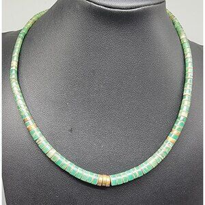 Green Shell Heshi Necklace 16" Chocker Style Graduated Discs Semi Translucent
